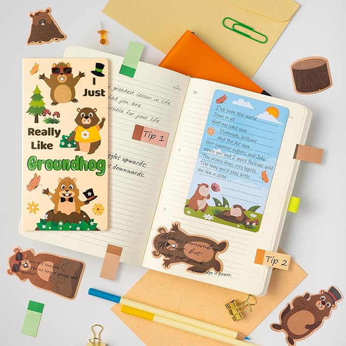 Xqumoi I Just Really Like Groundhog Sticky Notes Set - Cute Animal Self-Stick Note Pads Divider Tabs Bundle Writing Memo Pad Page Marker Back to School Office Supplies Groundhog Day Party Favor Gift