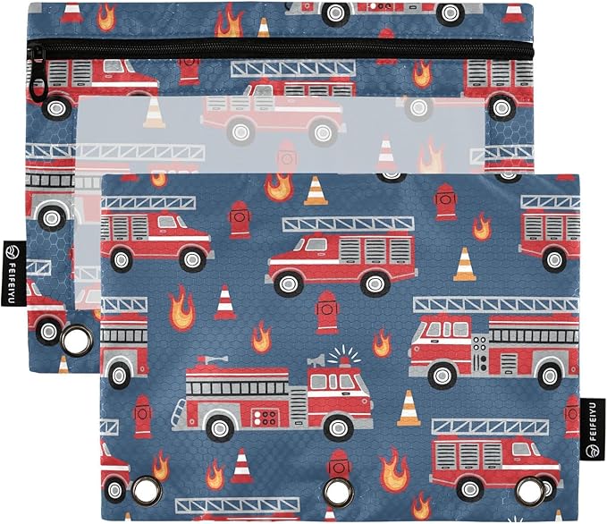 Fire Trucks Pencil Pouch for 3 Ring Binder, 2 Pack Waterproof Pencil Bags Clear Window Zipper School Office Supplies