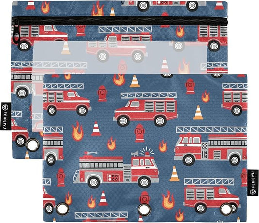 Fire Trucks Pencil Pouch for 3 Ring Binder, 2 Pack Waterproof Pencil Bags Clear Window Zipper School Office Supplies