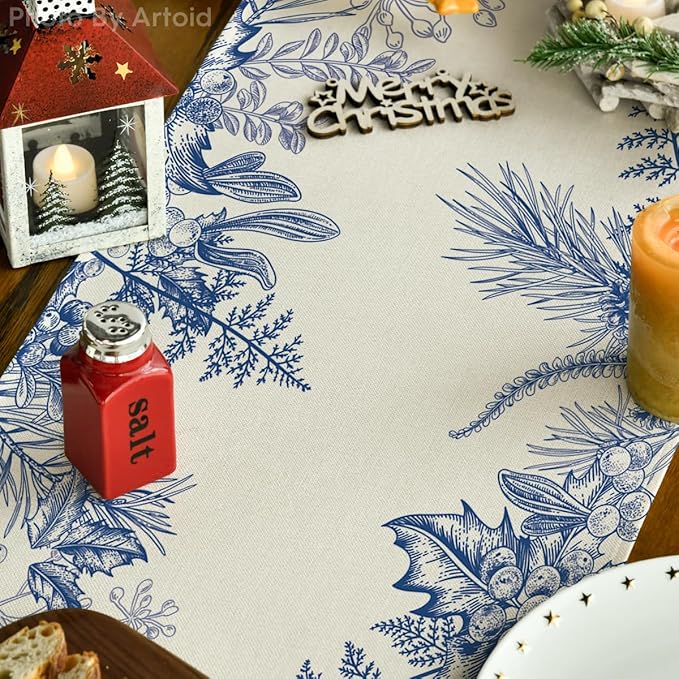 Artoid Mode Monochrome Sketch Holly Pine Cone Christmas Table Runner, Seasonal Winter Kitchen Dining Table Decoration for Home Party Decor 13x72 Inch