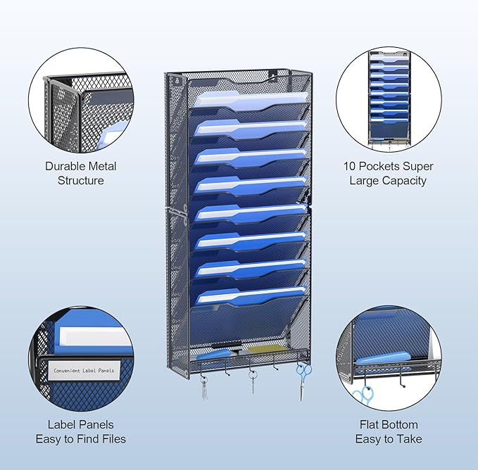 OUTWOLF 10 Tier Hanging Wall File Organizer Wall Mount Paper Document Folder Holder with Hooks for Home Office Organization