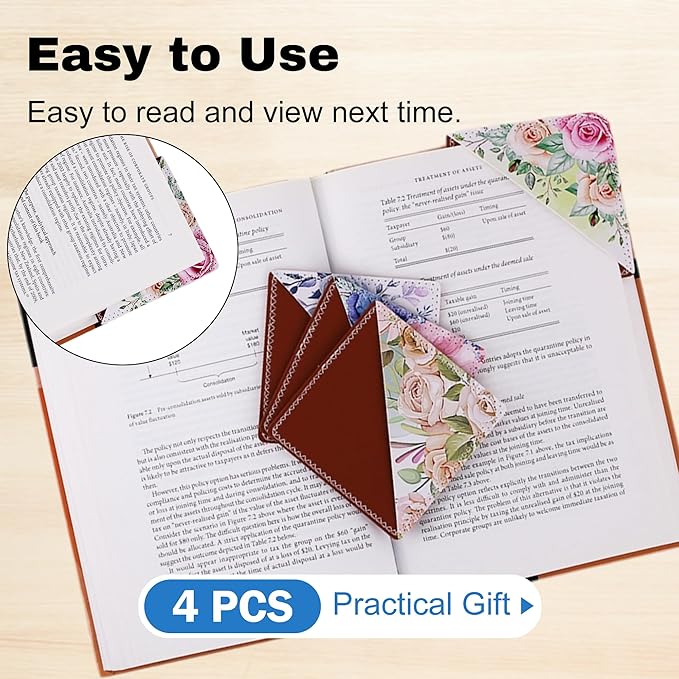 4 Pieces Leather Bookmarks, Cute Book Accessories for Reading Lovers, Page Markers for Women Men Kids Students Teachers Retirement Birthday Gift (Floral Print)