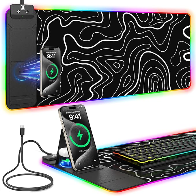 Mouse Pad with Foldable Phone Holder & Wireless Charger, XL RGB Gaming Mousepad 31.5"x11.8" Large Desk Mat for Keyboard, Home Desk Pad with Dual Qi Charging Station | 11 Colors & 5 Modes | Waterproof