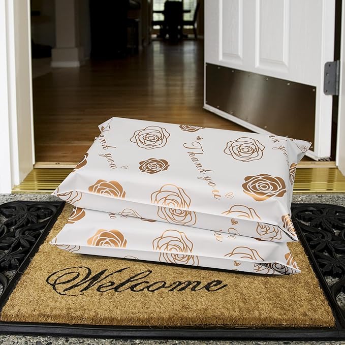 Thank You Poly Mailers 14.5x19 Inch 50 Pcs - Gold Rose Printed Shipping Bags for Clothing - Waterproof and Tear Resistant Mailing Envelopes - Self-Sealing Packaging Bags for Small Business