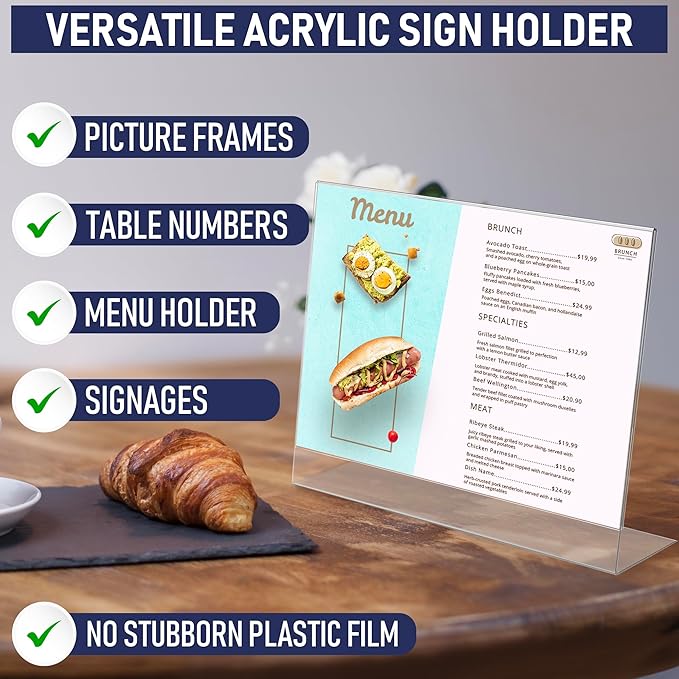 Slant Back Acrylic Sign Holder 11 x 8.5 Inches, 6-Pack Landscape Ad Frame, Flyer Display Stand. Menu and Table Sign Holder for Home, Office, Store, or Restaurant. Acrylic Stands for Paper and Signage