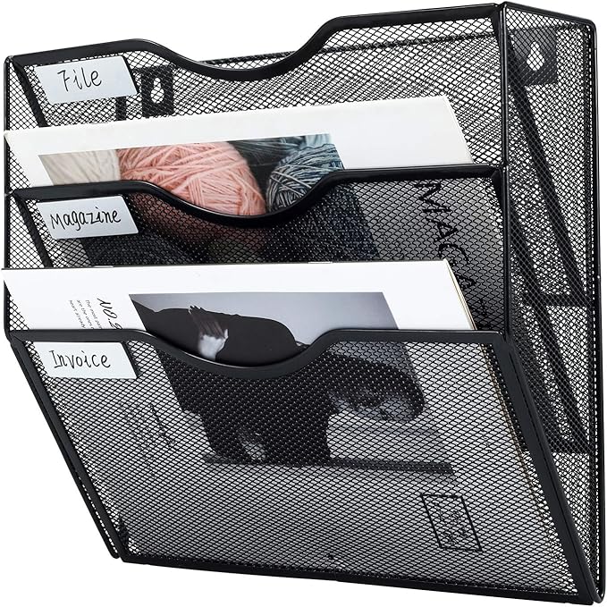 PAG Hanging Wall File Holder Mail Organizer Wall Mount Document Letter Rack, 3-Tier, Black