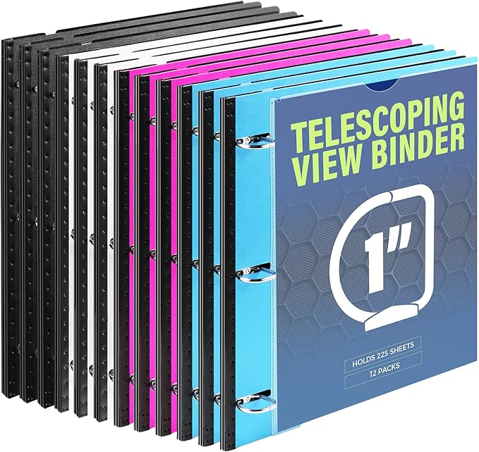 WOT I Telescoping 3 Ring Binder 1 Inch 12-Pack, Flexible Binder with Expandable Spine, Customized Front Cover, Clear Catalog Pocket, Holds 225 Sheets