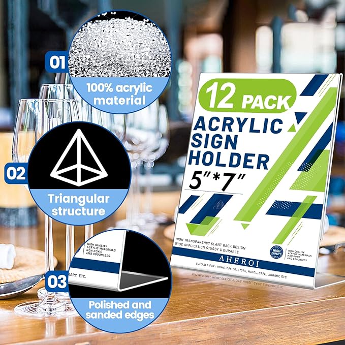 Aheroi 12Pcs Acrylic Sign Holder, 5x7 Clear Sign Holders, L-Shape Table Sign Holders Paper Stand, Plastic Sign Holder Standing, Paper Display Stand for Menu Document Display, Activities Supplies