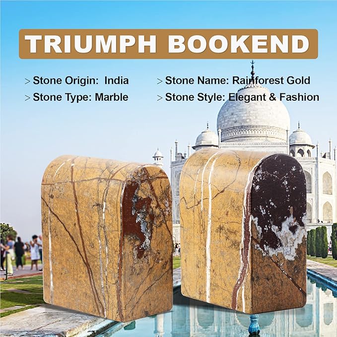 Koville Indian Natural Marble Bookends for Shelves, Book Ends for Heavy Books, 13LBS Ultra Heavy Duty Book Holders, Triumphal Arch Bookends Bookshelf Decor for Movies/CDs/Video Games(Rainforest Gold)