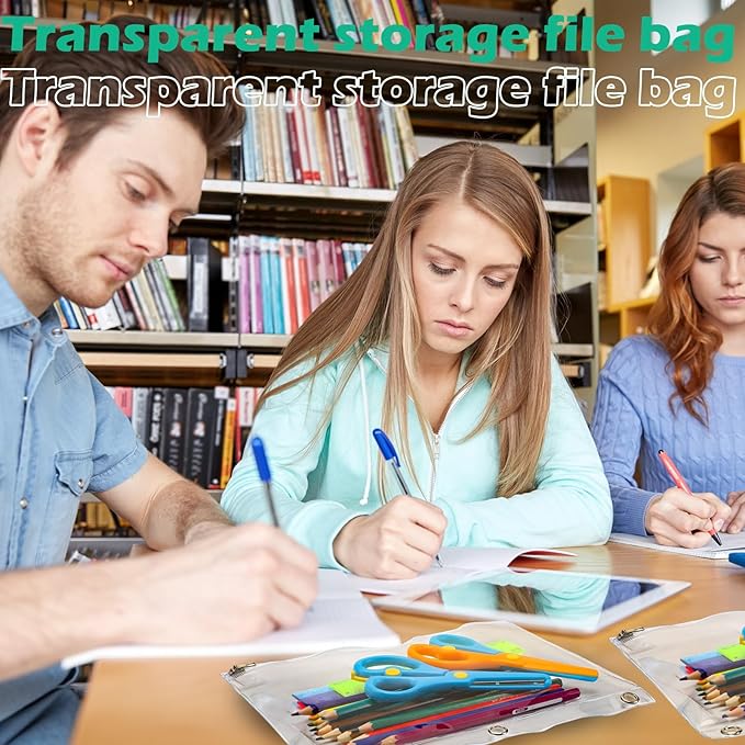 Lincia 48 Pack Clear Pencil Pouch for 3 Ring Binder Pencil Case with Metal Zipper 3 Ring Binder Pocket Inserts Bag 10 x 7'' Visible Cash Envelope with Re-enforced Grommet for College Office Supplies