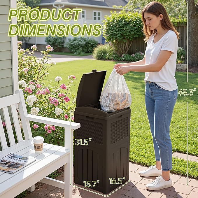 Greesum 33 Gallon Outdoor Trash Can with Lid, Waterproof Resin Garbage Bin for Hideaway, Deck, Patio, 4 Pack, Dark Brown