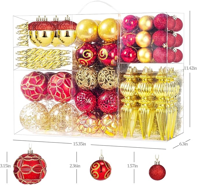 123pcs Christmas Ball Ornaments Set, Shatterproof Plastic Balls for Classic Xmas Decorations, Hanging Ornaments for Christmas Tree, Holiday, Bridal, Home Party, Gold and Red