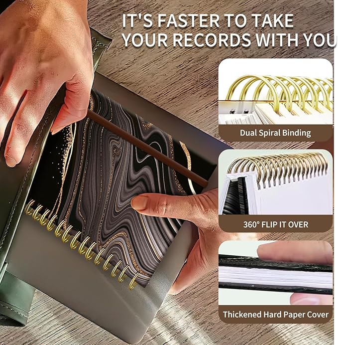 Spiral Journal Notebook, A5 Cute Notebooks for Women Men, College Ruled Hardcover Notebook for Work & Note Taking, 60 Pages Double-Wire Journals for Writing, Black Gold Marble