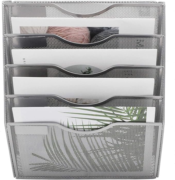EASEPRES 5 Pocket Mesh Hanging Wall File Organizer, Wall Mounted Mail Paper Document Folder Holder, Clipboard Storage Organization Magazine Rack with Nametag Label for Office Home School, Silver