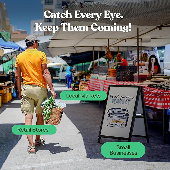 T-SIGN Outdoor A-Frame Sidewalk Sign 24x36 Inch Sandwich Board, Black Coated Steel Metal Double-Sided, Heavy Duty Slide-in Folding Frame Sign Holder, 2 Corrugated Plastic Poster Boards, Display Stand