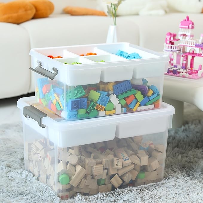 Citylife 17 QT Plastic Storage Box with Removable Tray Craft Organizers and Storage Clear Storage Container for Organizing Bead, Tool, Sewing, Playdoh, 2 Packs