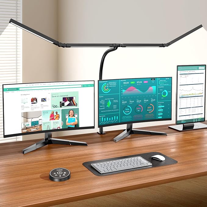 Led Desk Lamps for Home Office - Eye Caring Architect Lamp with Clamp, Double Head Computer Monitor Work Desk Light with Remote Control: 24W Flexible Dimmable Desktop Table Lamp