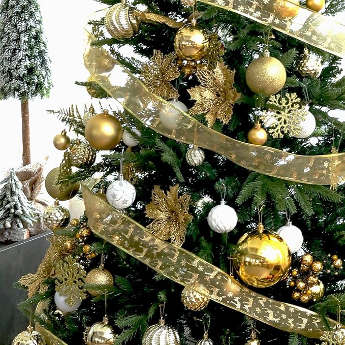 Christmas Balls Ornaments -36pcs Shatterproof Christmas Tree Decorations with Hanging Loop for Xmas Tree Wedding Holiday Party Home Decor,6 Styles in 3 Sizes（Gold）