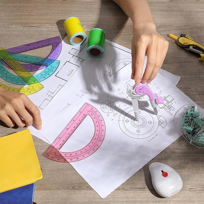 Chengu 12 Set Compass and Protractor Set, Multicolor Compass Geometry Tool 6 Inch 180 Degree Translucent Protractors for Geometry, Math Graphing Drawing Tools for Office and School Supplies