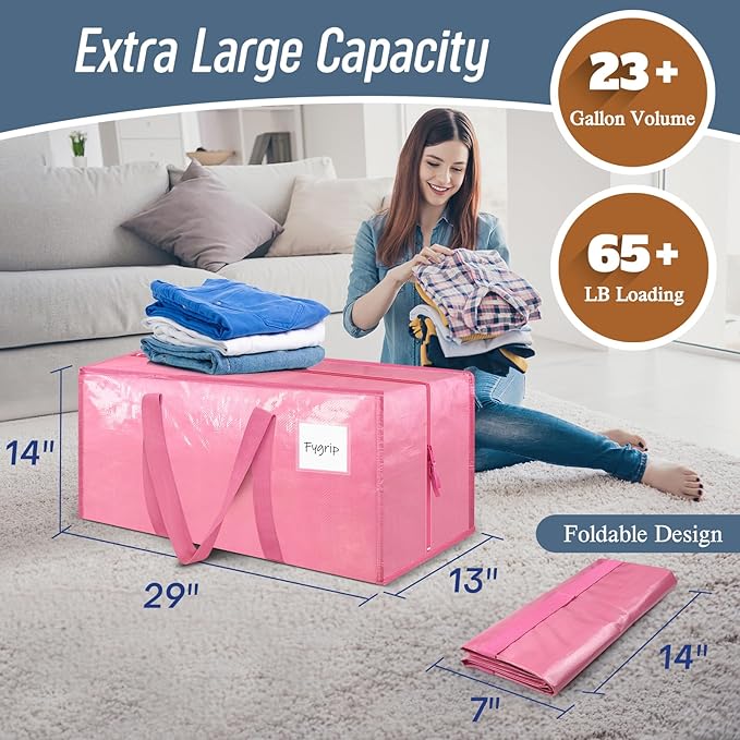 12 Pack Extra Heavy Duty Large Moving Bags with Strong Zipper & Comfortable Handles, Sturdy & Durable Clothes Storage Bags Totes Bins, Packing Moving Boxes for College Supplies, Pink