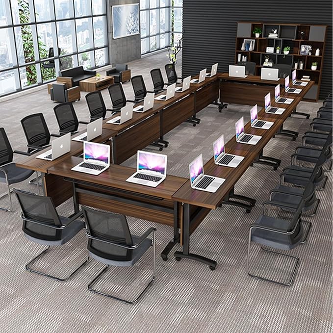 Folding Conference Table, Modern Large Conference Room Tables with Flip-Top Design, Foldable Conference Table Meeting Table with Wheels, Mobile Seminar Training Tables for Office Classroom (2, Walnut)