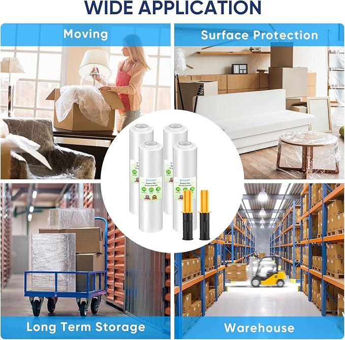 TICONN 4Pk Stretch Wrap Stretch Film Roll, 1000ft Industrial Strength 15 inch Wide Clear Plastic Wrap with Handles for Pallet Wrapping Shipping Moving