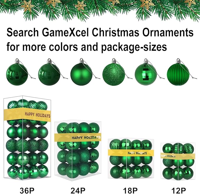 Emerald Green 1.6" Small Christmas Balls Christmas Tree Decoration Ornaments Shatterproof Hanging Balls for Birthday Halloween Holiday Wedding Decorations Set of 24pcs