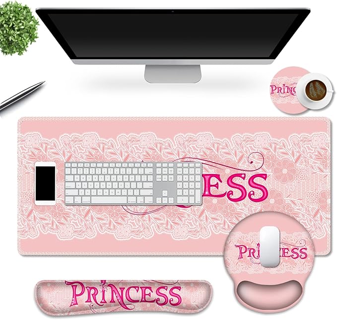 DINKY Pink Mouse Pad with Wrist Rest, Desk Pad for Keyboard and Mouse, Ergonomic Mousepad Set, Keyboard Wrist Rest with Coaster, Desk Mat Combo for Office Home, Pink Princess