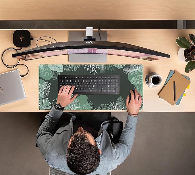 Green Plants Desk Mat Tropical Leaves Mouse Pad Cute, Large Extendded Gaming Deskmat, XXL Laptop Keyboard Mouse Mat Desktop Matt Women Office Desk Accessories Mousepad Desk Cover Mat, 31.5"x15.75"