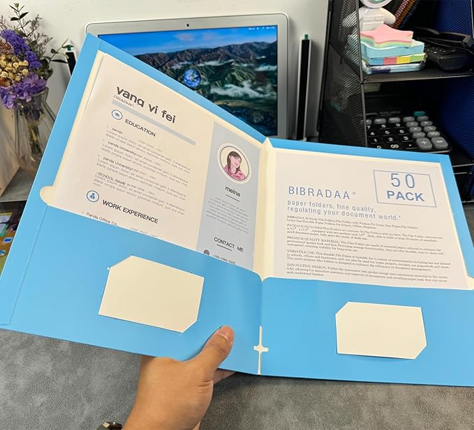 BIBRADAA® 50 Packs Blue Folders with Pockets,File Folder with Pockets Fit Letter Size Paper,File Folders Letter Size,Durable Paper Folders for School, Office, Business.(50, Light Blue)