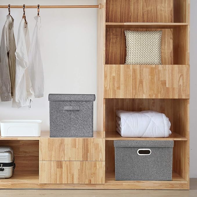 TYEERS Large Storage Bins with Lids, Collapsible, Washable, Fabric Storage Boxes for Organizing, 17.3x11.8x11.4 inches, 3 Pack, Gray