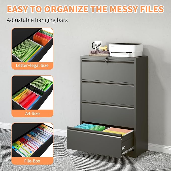 KEIKI 4 Drawer Lateral File Cabinet with Lock – Tall Heavy-Duty Metal Filing Cabinet, Space-Saving Wide Storage for Letter/Legal/A4/F4, Quiet Full-Extension Slides for Home Office, Black