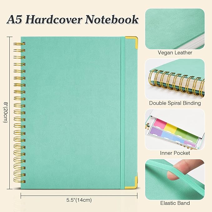 Bullet Dotted Journal Spiral Notebook, 300 Pages Leather Notebooks with Contens, 120 GSM Thick No Bleed Through Paper Journals, A5 Dot Grid Notebook for Women Men School Work Writing, 5.5" x 8", Green