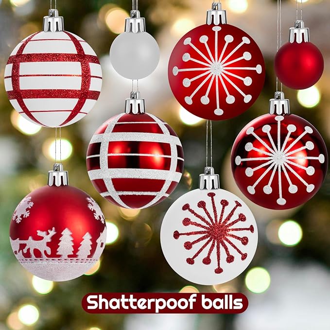 44PCS Christmas Ball Ornaments Set Xmas Tree Decoration Balls 2025 Shatterproof Hanging Colored for Party Wedding Home Party Outdoor Indoor Red & White