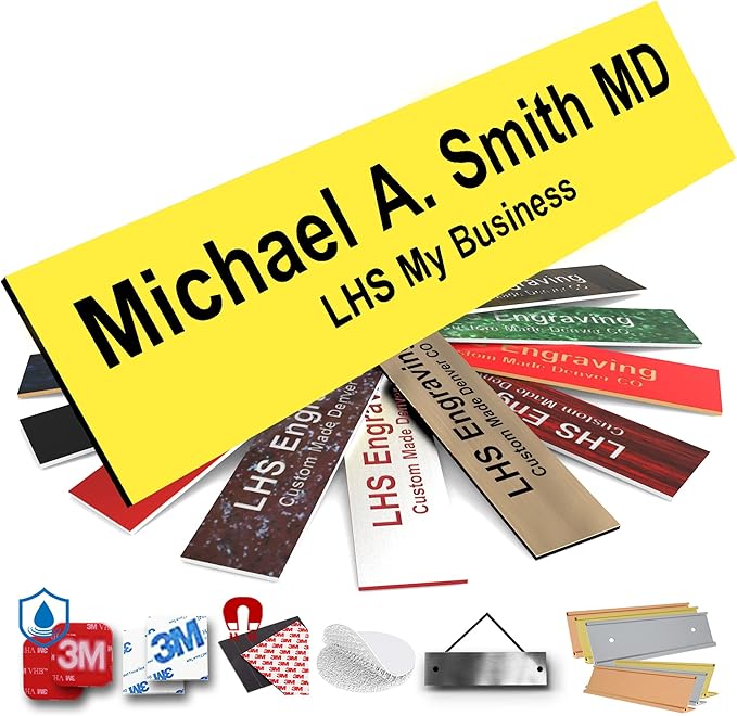 Door Name Plate Personalized for Office Yellow Plastic Name Plate Black Letters - Made in USA 2x8 B4