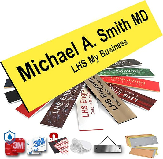 Door Name Plate Personalized for Office Yellow Plastic Name Plate Black Letters - Made in USA 2x4 B4