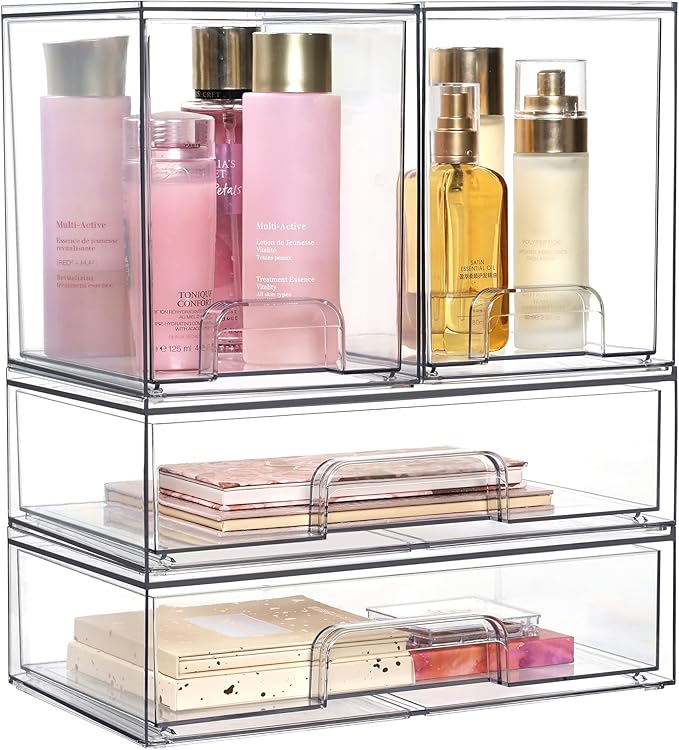 Vtopmart Clear Stackable Storage Drawers Set of 4, Plastic Organizer Bins for Makeup, Cosmetics, Beauty Supplies,Ideal for Vanity, Bathroom,Cabinet,Pantry Organization