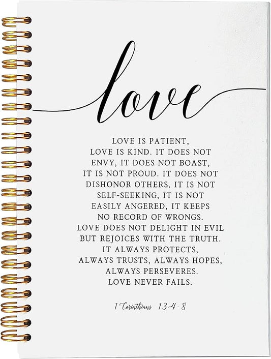 VNWEK Bible Scripture 1 Corinthians 13:4-8 Love Never Fails Spiral Notebook Journal 5.5 x 8.3 inches,Christian Lined Hardcover Spiral Notebook,Inspirational Christian Gifts for Women Men Faith Teens