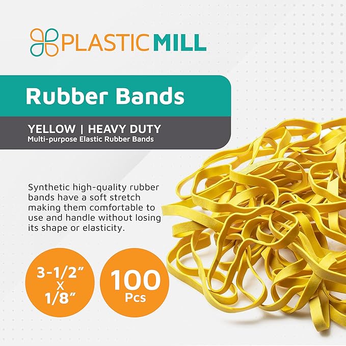 Plastic Mill Rubber Bands Thick Size #33 | Yellow Durable RubberBands 100 Count /pack | 3 1/2 x 1/8" Multi-Purpose Band | Elastics large Long Rubber for Office Supply, File Folders, box, Books, gifts, Notebook|