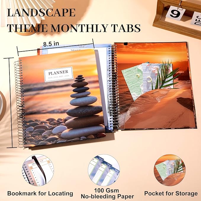 CAGIE 2026 planner Weekly and Monthly Jan 2026-Dec 2026 Hardcover Hourly Daily Planners for Women 26 Calendar Planner with Stickers Spiral Bound Yearly Agenda, 8.5 x 11