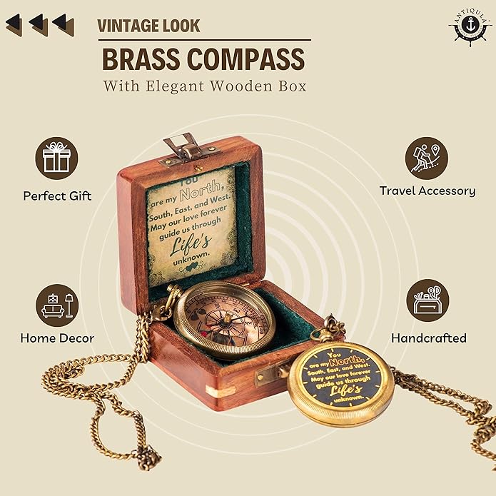 Brass Compass with Wooden Box - Graduation Gifts, Pirate Accessories & Baptism Gift For Boys, Steampunk Travel Decor Compasses For Missionary, Inspirational and Sentimental Compass