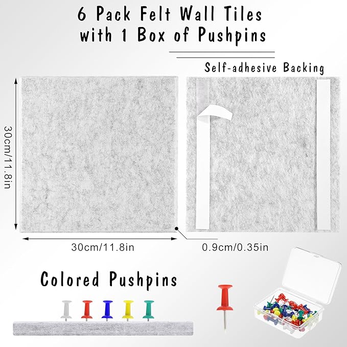 Large Cork Board 36" x 24", 6 Pack Felt Wall Tiles with Colored Pushpins, Bulletin Board with Removable Self-Adhesive Strips, Pin Board Cork Boards for Walls Office Home-Light Gray