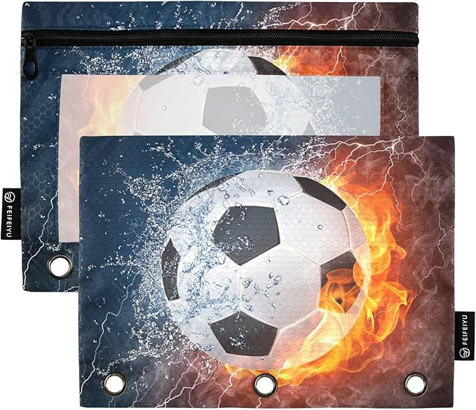 Soccer Ball Football Fire Water Pencil Pouch for 3 Ring Binder, 2 Pack Waterproof Pencil Bags Clear Window Pencil Case Zipper School Office Supplies