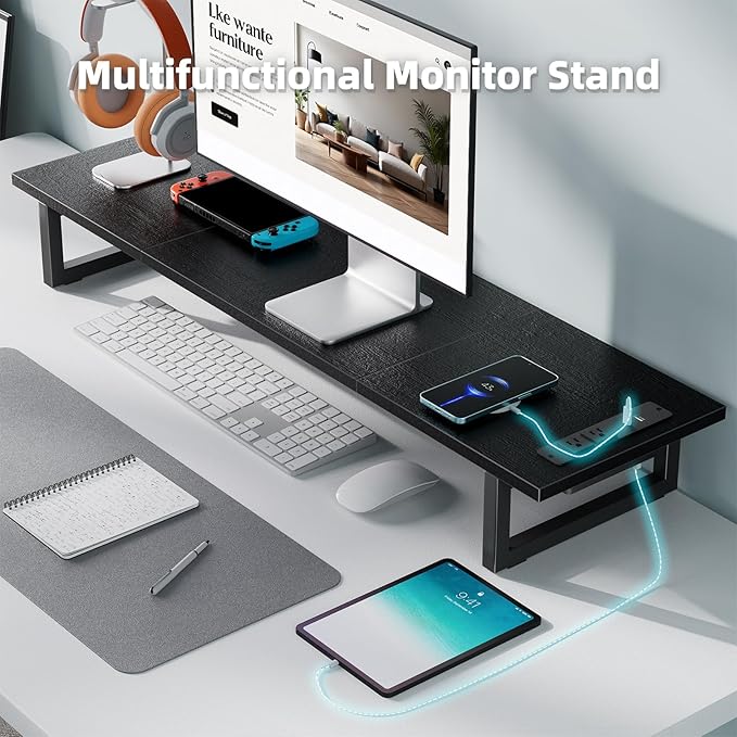 Simple Trending Dual Monitor Stand Riser with 2 USB Charging Ports, Computer Desk Organizer for 2 Monitors, Extra Long TV Stand for Laptop Office, iMac, Black