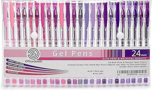 OfficeGoods Pink Purple Gel Pens with Refills – Pastel Adult Coloring Art – Medium 0.8-1.0mm Tips – Non-Toxic Gel Pens Set – Quick Dry Smudge-Free 24 Pack Colors