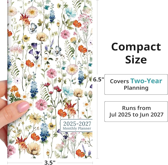Pocket Calendar 2025-2027 for Purse, Two Year Monthly Planner Pocket Size, Jul 2025 to Jun 2027 Monthly Planner Small Size (6.5" x 3.5")-Wildflower