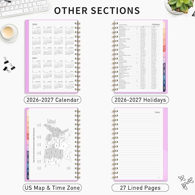 RETTACY 2026-2027 Monthly Planner, Jan 2026 - Dec 2027, Medium Size (5.7" x 8.3"), Agenda, Calendar, 24 Month Tabs, Flexible Plastic Cover, 100 GSM Thick Paper, Spiral-bound (Lilac)