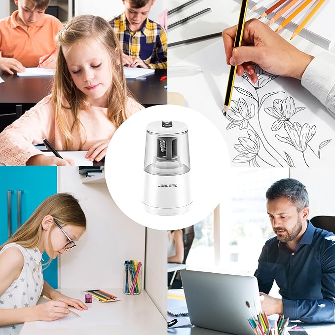 JARLINK Electric Pencil Sharpener, Heavy-Duty Helical Blade to Fast Sharpen, Auto Stop for No.2/Colored Pencils(6-8mm), AC Adapter/Battery Operated in School Classroom/Office/Home (White)