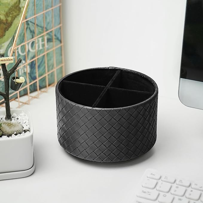 Hennaja Round Leather Art Supply Organizer,Remote Control Holder,360 Degree Spinning,Multi-Functional Pencil Holder,4 Compartments Desktop Stationary Organizer(1-Weave Black)