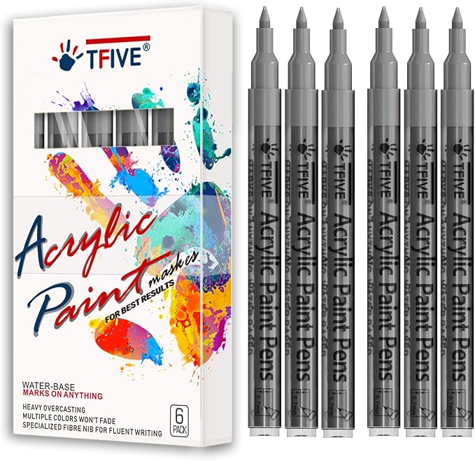 Silver Marker Paint Pens - 6 Pack Acrylic Silver Permanent Marker, 0.7mm Extra Fine Tip Paint Pen for Art project, Drawing, Rock Painting, Stone, Ceramic, Glass, Wood, Plastic, Metal, Canvas DIY Craft